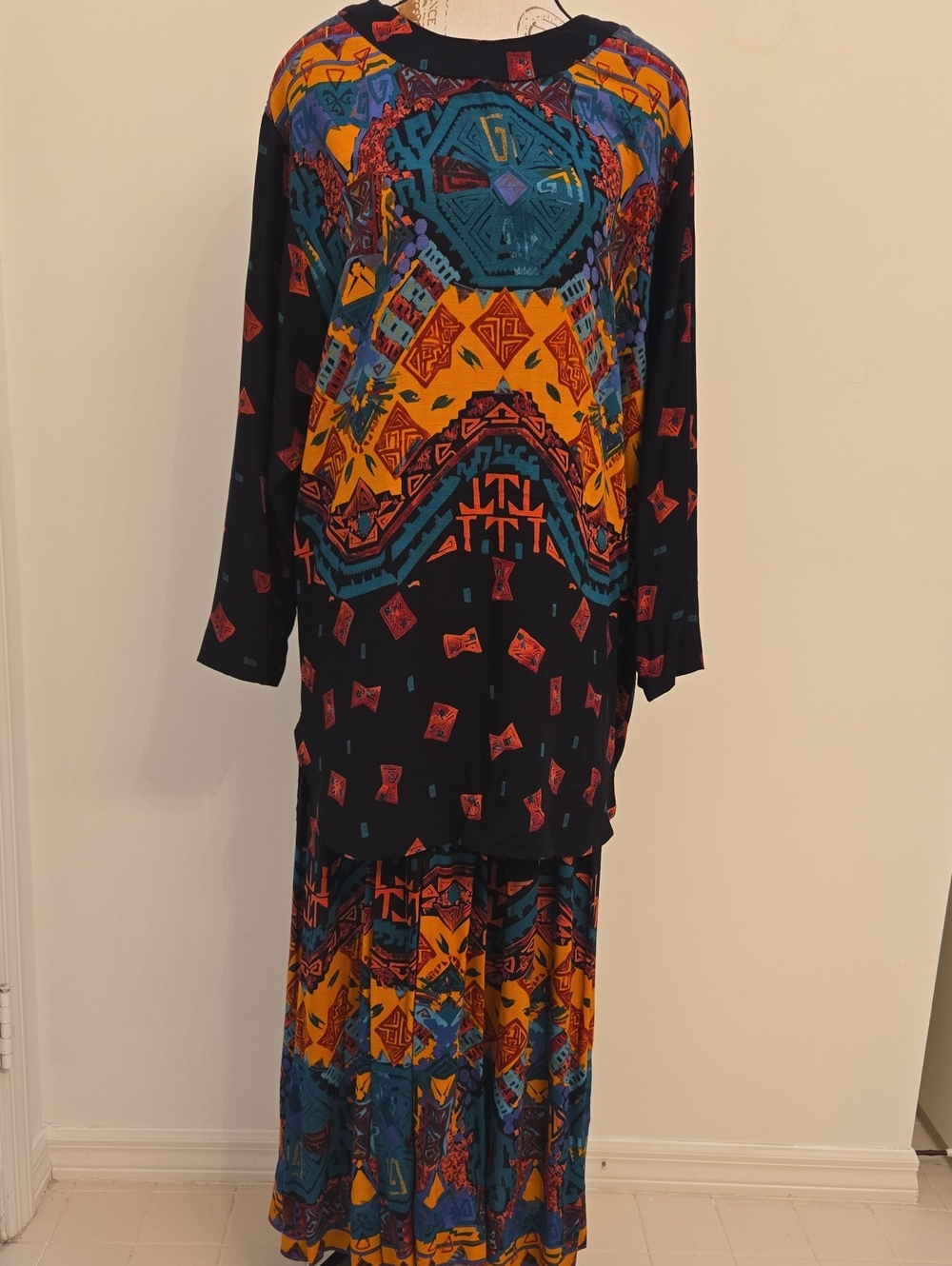 Carole Little Black Tribal Print Maxi Dress with Yellow and Teal Accents Size 16